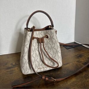 Michael Kors Suri Small Bucket Crossbody Classic Brown Cream MK Logo Leather